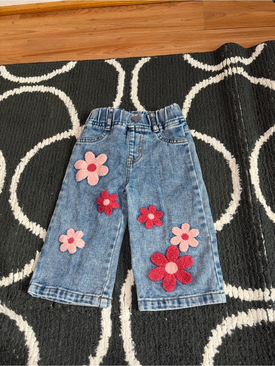 Other - Kids Denim Pants with Pink & Red Flower Appliqués